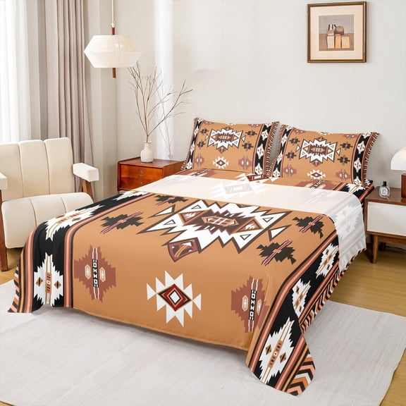 Feelyou Brown Aztec Geometric Twin Sheet Sets, Vintage Western Bohemian Twin Fitted Sheet, Hippie Tribal Style Flat Sheet, Lightweight Room Decor, 3-Piece