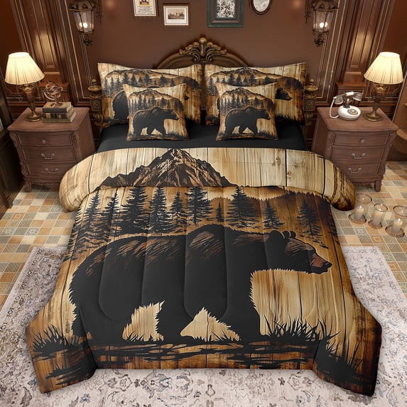 Feelyou Brown Bear Animal Twin Bedding Sets 7-Piece for Boy, Vintage Western Cabin Bedding Comforter Set, Rustic Wooden Plank Reversible Sheet Sets, Lightweight Room Decor
