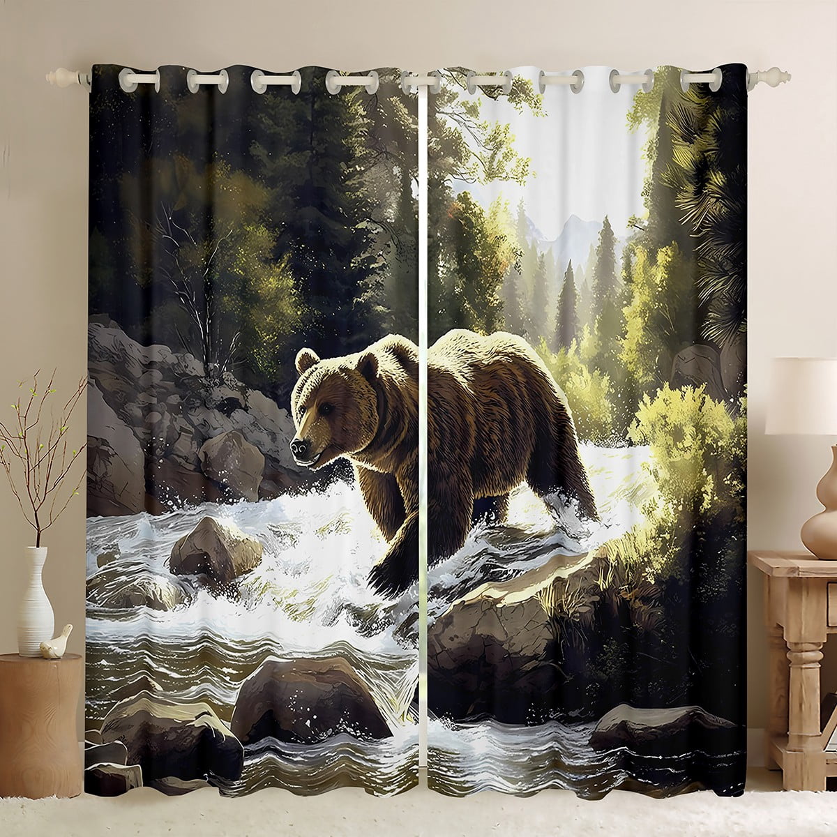Feelyou Brown Bear Black Out Curtains for Men, Woodland Wildlife ...