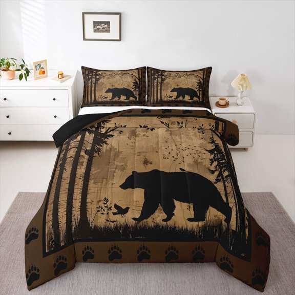 Feelyou Brown Bear Boy Twin Comforter Sets, Rustic Farmhouse Wildlife Bedding Set, 2pcs