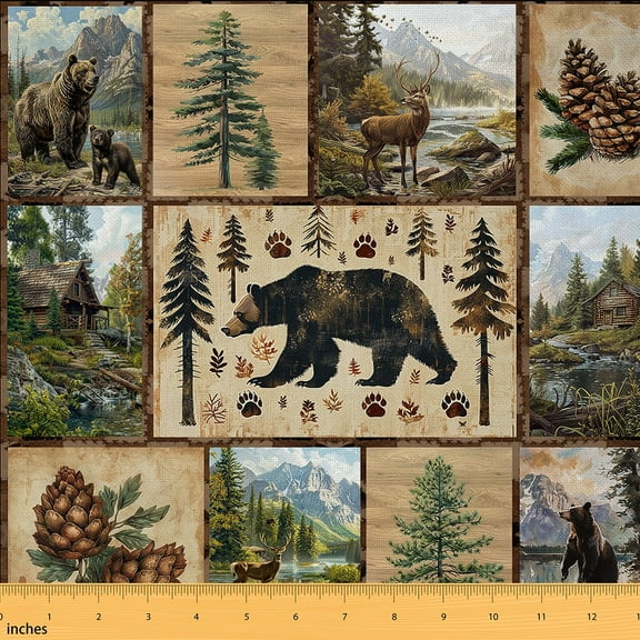 Feelyou Brown Bear Fabric by the Yard 2 Yards for Men, Woodland Wildlife Room Decor Fabric by the Yard, Rustic Patchwork Fabric for Sewing, Super Cozy Room Decor