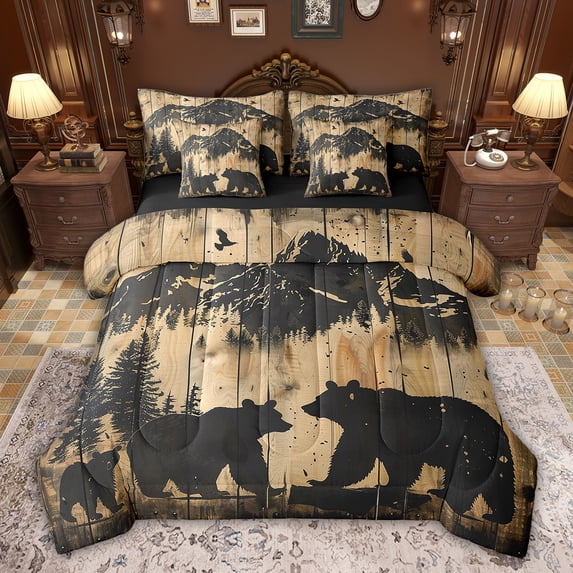 Feelyou Brown Bear Wildlife Bedding Comforter Set 7 Pieces for Adult, Wooden Ladge Cabin Full Bedding Set, Jungle Mountain Reversible Fitted Sheet Flat Sheet, Breathable Home Decor