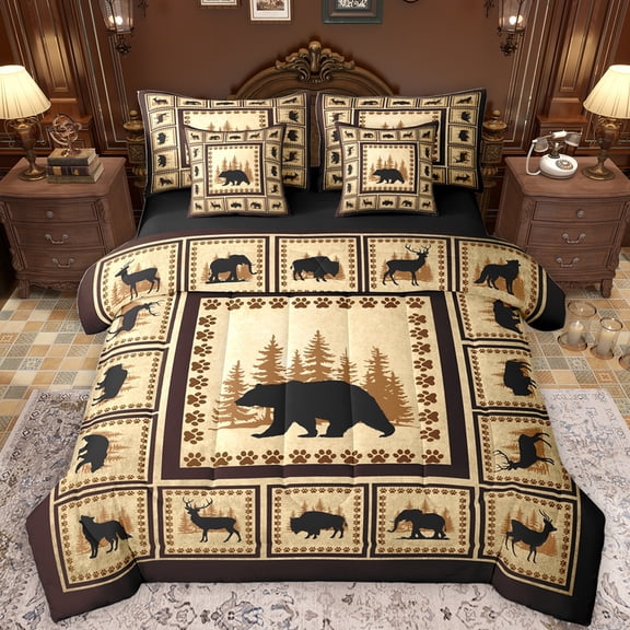 Feelyou Brown Bear Wildlife Bedding Comforter Set 7 Pieces, Jungle Deer Moose Full Bedding Set, Rustic Farmhouse Reversible Fitted Sheet Flat Sheet, Microfiber Bedroom Decor