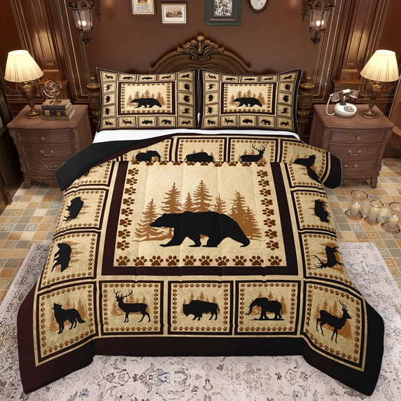 Feelyou Brown Bear Wildlife Queen Comforter Set, Jungle Deer Moose Bedding Sets, Rustic Farmhouse Reversible Bedding Comforter Set, Microfiber Bedroom Decor, 3pcs