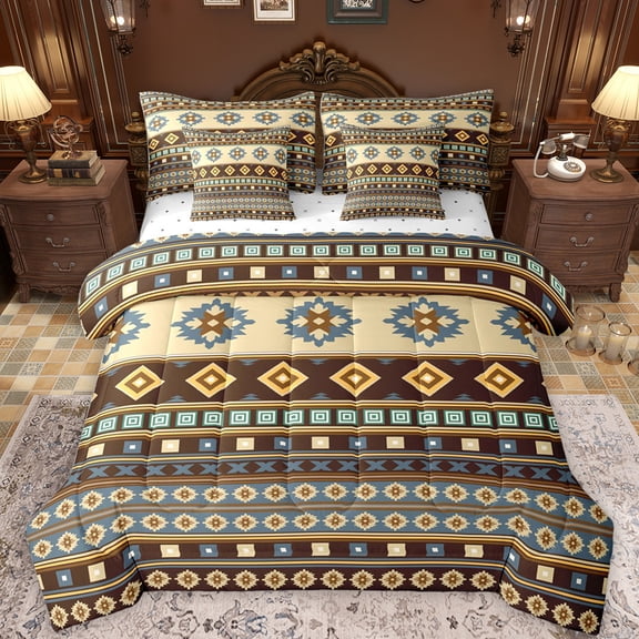Feelyou Brown Bohemian Aztec Bedding Comforter Set 7pcs, Hippie Trible Style King Bedding Sets, Retro Western Triangle Reversible Bed Sheets, Ultra Soft Bedroom Decor