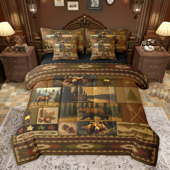 Feelyou Brown Bohemian Aztec Bedding Comforter Set 7pcs, Wildlife Bear King Bedding Sets, Rustic Patchwork Buffalo Reversible Bed Sheets, Microfiber Bedroom Decor