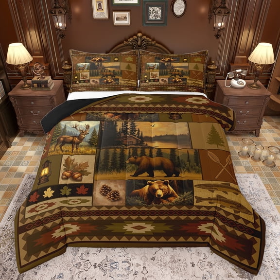 Feelyou Brown Bohemian Aztec Bedding Comforter Set, Wildlife Bear Twin Comforter Sets, Rustic Patchwork Buffalo Reversible Bedding Set, Microfiber Bedroom Decor, 2 Pieces