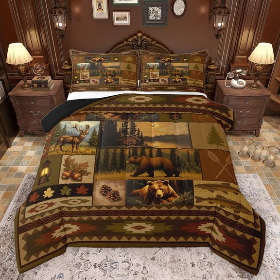 Feelyou Brown Bohemian Aztec Queen Comforter Set, Wildlife Bear Bedding Sets, Rustic Patchwork Buffalo Reversible Bedding Comforter Set, Microfiber Bedroom Decor, 3 Pieces
