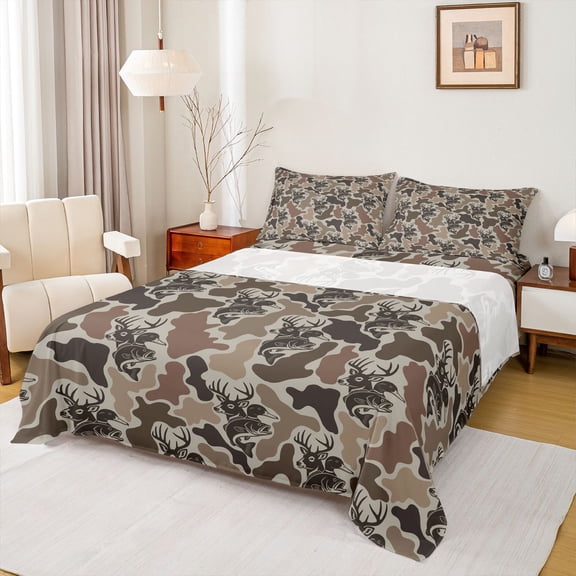 Feelyou Brown Camo Wildlife Full Size Sheets for Men Boys, Rustic Woodland Animal Bed Sheets, Olive Drab, 4pcs
