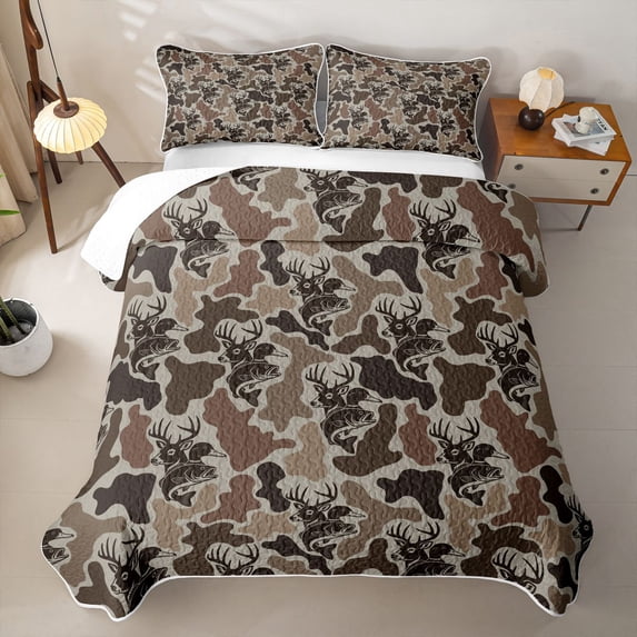 Feelyou Brown Camo Wildlife Twin Quilt Set for Men Boys, Rustic Woodland Animal Twin Coverlet Set, Olive Drab, 2pcs
