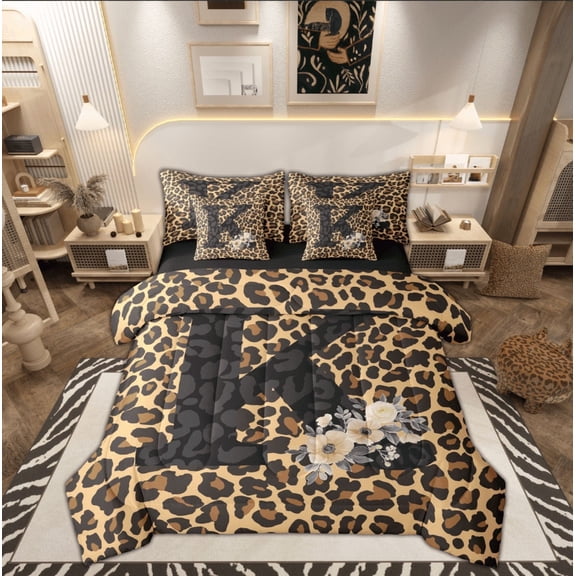 Feelyou Brown Cheetah Print Bedding Comforter Set 7 Pieces for Kid, Initial Letter K Full Bedding Set, Leopard Animal Reversible Fitted Sheet Flat Sheet, Super Cozy Room Decor