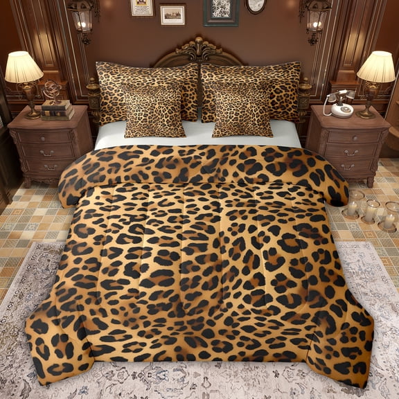 Feelyou Brown Cheetah Print Bedding Comforter Set 7pcs for Teens, Fashion Polkadots Abstract King Bedding Sets, Leopard Animal Reversible Bed Sheets, Lightweight Room Decor