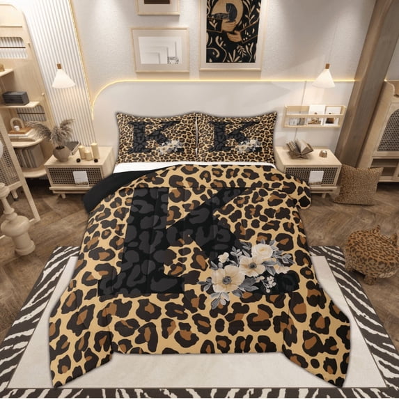Feelyou Brown Cheetah Print Full Size Comforter Sets for Kid, Initial Letter K Bedding Comforter Set, Leopard Animal Reversible Bedding Sets, Super Cozy Room Decor, 3-Piece