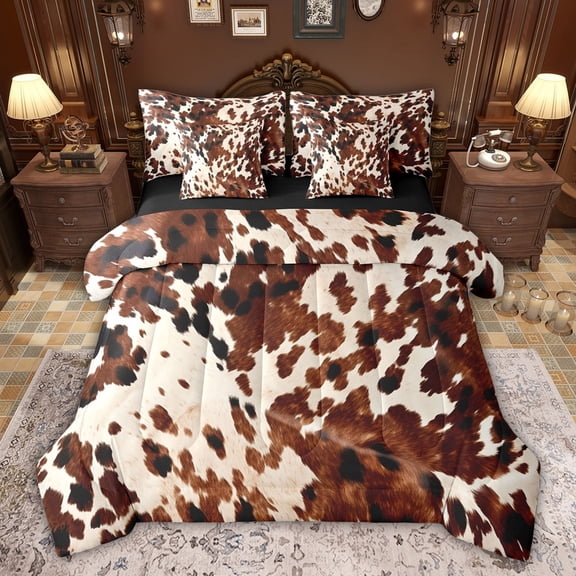 Feelyou Brown Cow Print Bedding Comforter Set 7pcs for Teens, Rustic Farmhouse Queen Bedding Sets, Modern Fashion Style Reversible Queen Sheet Sets, Lightweight Room Decor