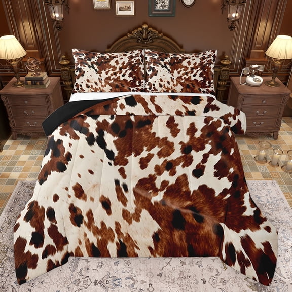 Feelyou Brown Cow Print Queen Comforter Set for Teens, Rustic Farmhouse Bedding Sets, Modern Fashion Style Reversible Bedding Comforter Set, Lightweight Room Decor, 3 Pieces