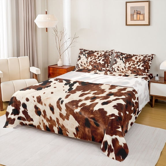 Feelyou Brown Cow Print Twin Sheet Sets for Teens, Rustic Farmhouse Twin Fitted Sheet, Modern Fashion Style Flat Sheet, Lightweight Room Decor, 3 Pieces