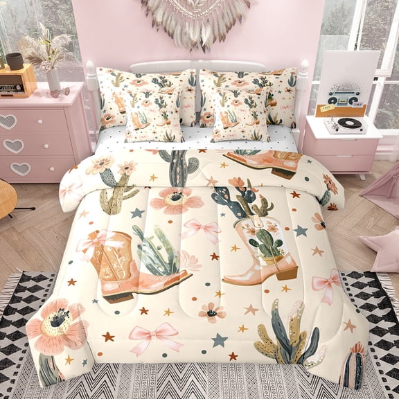 Feelyou Brown Cowboy Boot Twin Bedding Sets 7pcs, Western Flower Cactus Comforter Set