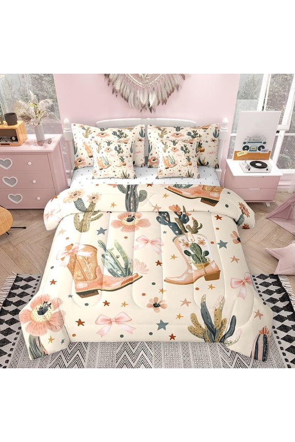 Brown Cowboy Boot Twin Bedding Sets 7pcs, Western Flower Cactus Comforter Set