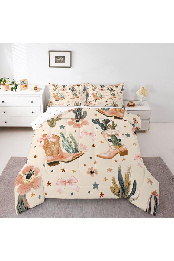 Brown Cowboy Boot Twin Comforter Sets, Flower Cactus Stars Bedding Set, 2pcs