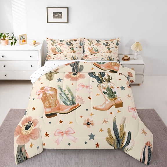 Feelyou Brown Cowboy Boot Twin Comforter Sets, Flower Cactus Stars Bedding Set, 2pcs