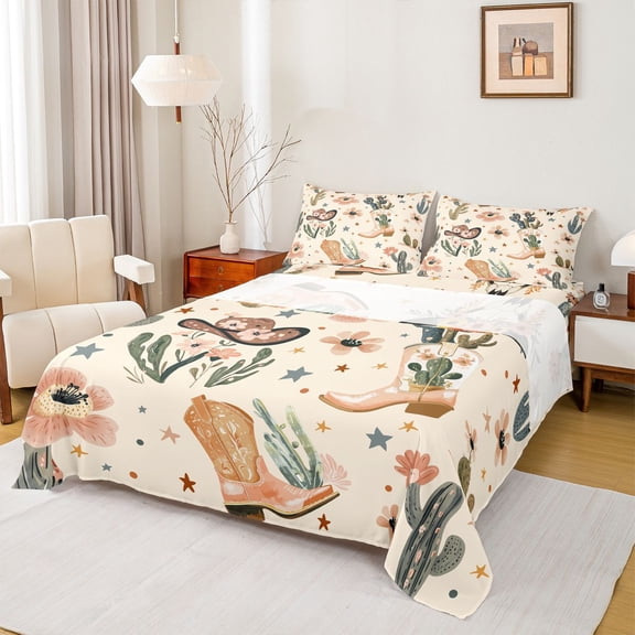 Feelyou Brown Cowboy Hat Boot Bed Sheets, Western Plant Cactus King Sheets, 4pcs