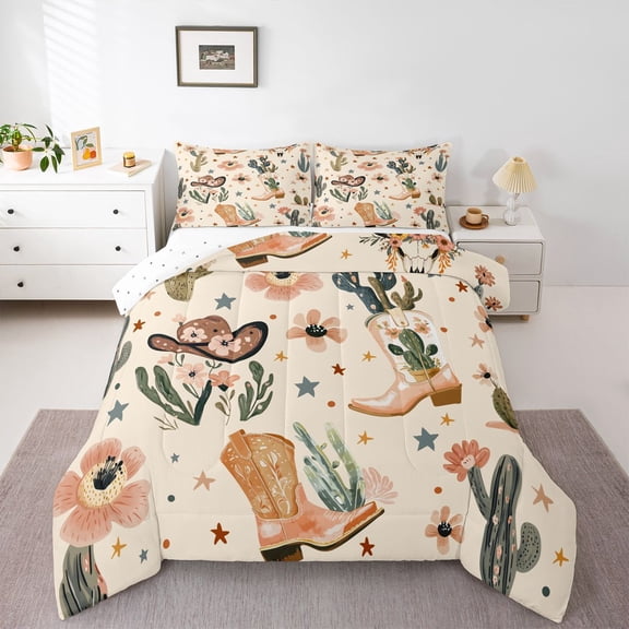 Feelyou Brown Cowboy Hat Boot Twin Comforter Sets, Western Plant Cactus Bedding Set, 2pcs