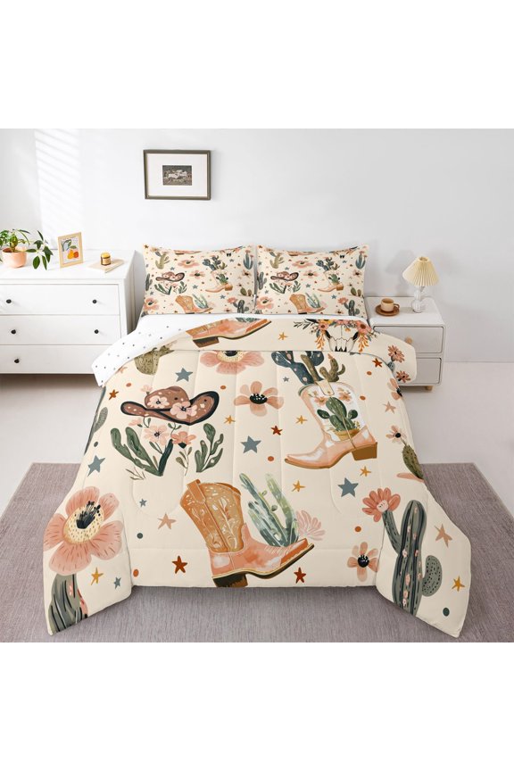Brown Cowboy Hat Boot Twin Comforter Sets, Western Plant Cactus Bedding Set, 2pcs