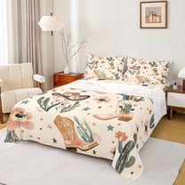 Feelyou Brown Cowboy Hat Boot Twin Sheet Sets, Western Plant Cactus Bedding, 3pcs