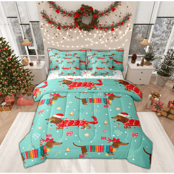 Feelyou Brown Dachshund Child Bedding Comforter Set 7pcs, Kawaii Christmas Animal Queen Bedding Sets, Cartoon Bowknot Bell Reversible Queen Sheet Sets, Microfiber Bedroom Decor