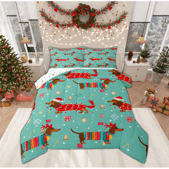 Feelyou Brown Dachshund Child Bedding Comforter Set, Kawaii Christmas Animal Twin Comforter Sets, Cartoon Bowknot Bell Reversible Bedding Set, Microfiber Bedroom Decor, 2pcs