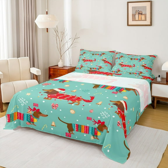 Feelyou Brown Dachshund Child Twin Sheet Sets, Kawaii Christmas Animal Twin Fitted Sheet, Cartoon Bowknot Bell Flat Sheet, Microfiber Bedroom Decor, 3pcs