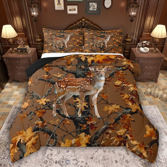 Feelyou Brown Deer Elk Queen Comforter Set, Rustic Branches Plant Bedding Set, 3pcs