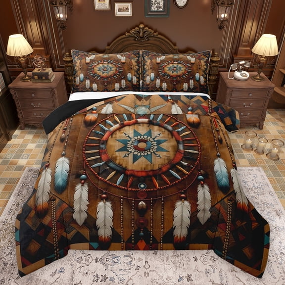 Feelyou Brown Dreamcatcher Bedding Comforter Set, Hippie Tribal Triangle Twin Comforter Sets, Southwestern Style Reversible Bedding Set, Lightweight Room Decor, 2pcs