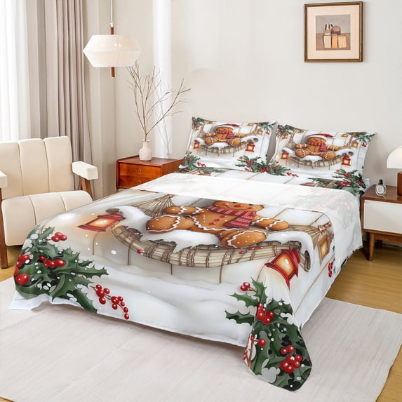 Feelyou Brown Gingerbread Man Bed Sheets for Child, Cartoon Xmas Tree King Sheets, Winter Flower Plant Sheet Set, Luxury Bedroom Decor, 4 Pieces