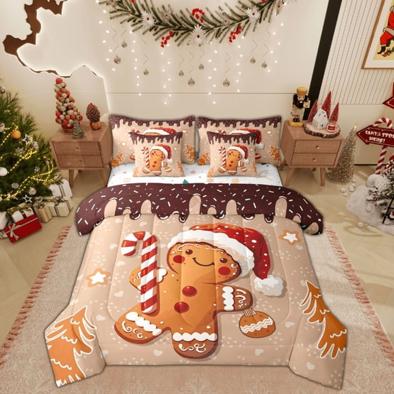 Feelyou Brown Gingerbread Man Bedding Comforter Set 7pcs, Christmas Candy King Bedding Sets, Winter Festival Reversible Bed Sheets, Super Cozy Room Decor