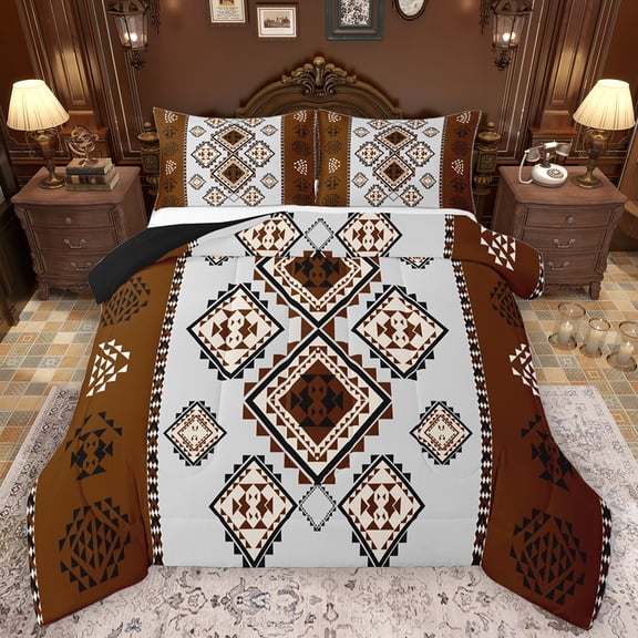 Feelyou Brown Grey Aztec Queen Comforter Set for Adult, Western Bohemian Triangle Bedding Sets, Rustic Farmhouse Reversible Bedding Comforter Set, Breathable Home Decor, 3-Piece