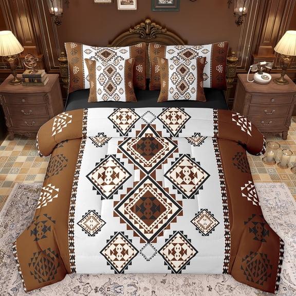 Feelyou Brown Grey Aztec Twin Bedding Sets 7-Piece for Adult, Western Bohemian Triangle Bedding Comforter Set, Rustic Farmhouse Reversible Sheet Sets, Breathable Home Decor