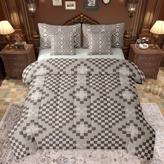 Feelyou Brown Hippie Abstract Twin Bedding Sets 7-Piece, Fashion Square Checkered Bedding Comforter Set, Chic Buffalo Plaid Reversible Sheet Sets, Breathable Home Decor