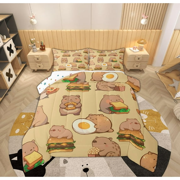 Feelyou Brown Kawaii Capibara Full Size Comforter Sets, Kawaii Fast Food Bedding Comforter Set, Teens Boys Girls Kids Reversible Bedding Sets, Breathable Home Decor, 3-Piece