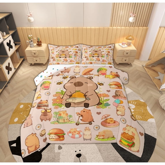 Feelyou Brown Kawaii Capibara Full Size Comforter Sets, Kawaii Fast Food Bedding Comforter Set, Teens Boys Girls Kids Reversible Bedding Sets, Microfiber Bedroom Decor, 3pcs