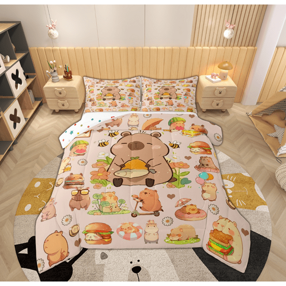 Feelyou Brown Kawaii Capibara Full Size Comforter Sets, Kawaii Fast Food Bedding Comforter Set, Teens Boys Girls Kids Reversible Bedding Sets, Microfiber Bedroom Decor, 3pcs