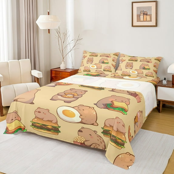 Feelyou Brown Kawaii Capibara Full Size Sheets, Kawaii Fast Food Bed Sheets, Teens Boys Girls Kids Sheet Sets, Breathable Home Decor, 4-Piece