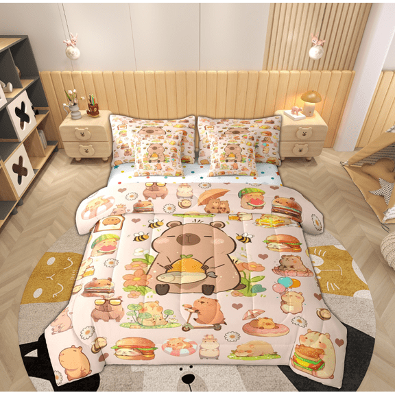 Feelyou Brown Kawaii Capibara Twin Bedding Sets 7-Piece, Kawaii Fast Food Bedding Comforter Set, Teens Boys Girls Kids Reversible Sheet Sets, Microfiber Bedroom Decor