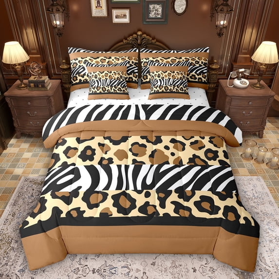 Feelyou Brown Leopard Print Comforter Set 7pcs, Zebra Cheetah Wildlife Queen Bedding Sets