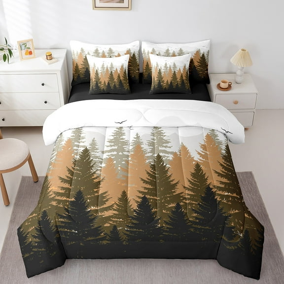 Feelyou Brown Pine Tree Bedding Comforter Set 7pcs, Jungle Plant Botanical Queen Bedding Sets, Nature Scenery Print Reversible Queen Sheet Sets, Lightweight Room Decor