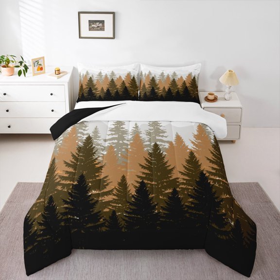 Feelyou Brown Pine Tree Queen Comforter Set, Jungle Plant Botanical Bedding Sets, Nature Scenery Print Reversible Bedding Comforter Set, Lightweight Room Decor, 3 Pieces