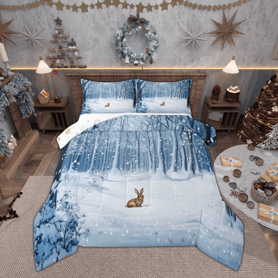 Feelyou Brown Rabbit Bunnies King Size Comforter Sets, Snowflake Snow Bedding Comforter Set, Merry Christmas Reversible Bedding Set, Super Cozy Room Decor,3-Piece