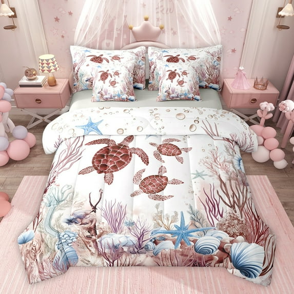 Feelyou Brown Sea Turtle Bedding Comforter Set 7 Pieces for Kids, Underwater World Full Bedding Set, Cartoon Sealife Theme Reversible Fitted Sheet Flat Sheet, Ultra Soft Bedroom Decor