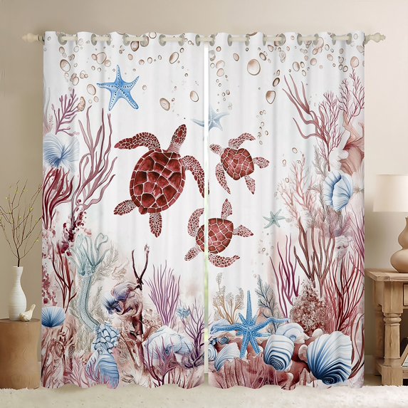Feelyou Brown Sea Turtle Curtains Pack of 2 (42x84 Each) for Kids, Underwater World Curtains Blackout, Cartoon Sealife Theme Bedroom Curtains, Living Room Curtains Decor