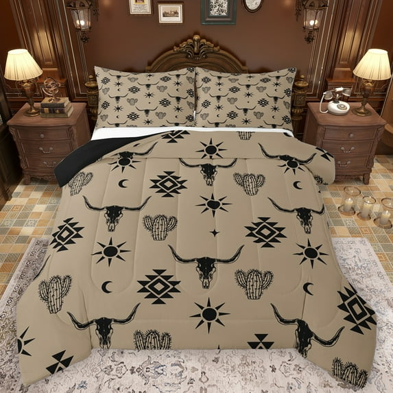Feelyou Brown Sheep Skull Bedding Comforter Set for Men, Vintage Western Aztec Twin Comforter Sets, Hippie Bohemian Style Reversible Bedding Set, Breathable Home Decor, 2 Pieces